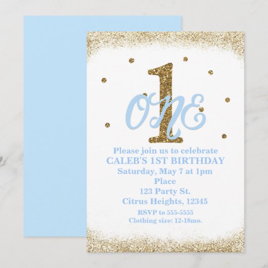 Blauw en Goud Jongens Eerste Verjaardag Feest Kaart (Voorkant / Achterkant)