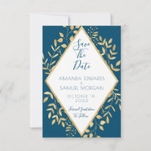 Blauw en Goud Kader Modern Trouwen Bewaar De Datum