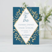 Blauw en Goud Kader Modern Trouwen Bewaar De Datum Save The Date (Staand voorkant)