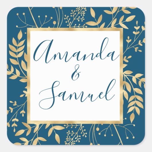 Blauw en Goud Kader Modern Vierkante Sticker (Voorkant)