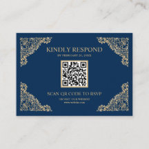 Blauw en Goud Kader QR Code RSVP Trouwwebsite
