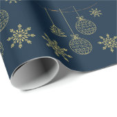 Blauw en Goud Kerst Ornamenten Patroon Gift Cadeaupapier (Rol Hoek)