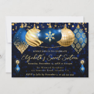 Blauw en Goud Kerstballen Sweet 16 Kaart