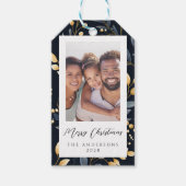 Blauw en goud kerstblad foto cadeaulabel (Voorkant)