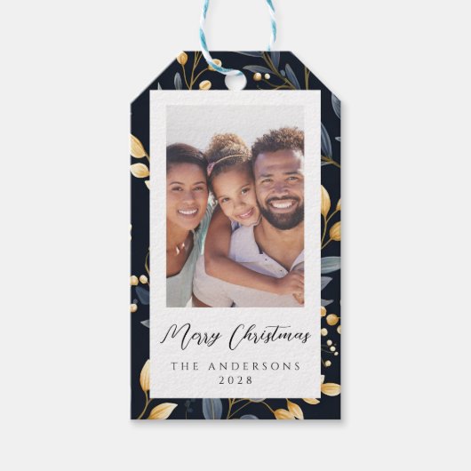 Blauw en goud kerstblad foto cadeaulabel (Voorkant)