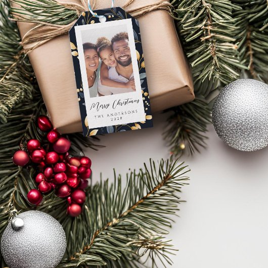 Blauw en goud kerstblad foto cadeaulabel