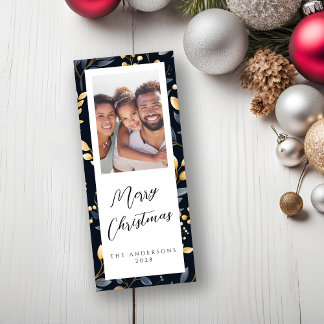 Blauw en Goud Kerstblad Rechthoek Foto Feestdagenkaart