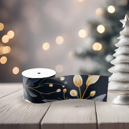 Blauw en goud kerstbladeren grosgrain lint