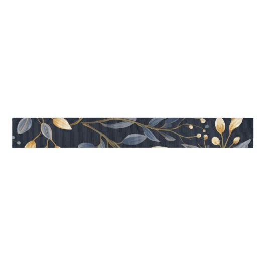 Blauw en goud kerstbladeren grosgrain lint (Voorkant)