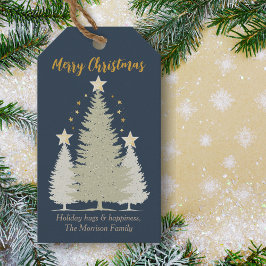 Blauw en goud kerstboom en sterren cadeaulabel