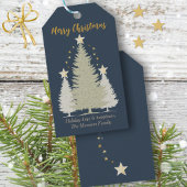 Blauw en goud kerstboom en sterren cadeaulabel