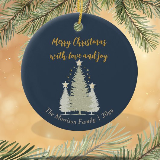 Blauw en goud kerstboom en sterren keramisch ornament