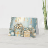 Blauw en Goud Kerstcadeaus en Ornament Design Kaart (Voorkant)