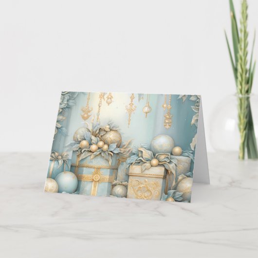 Blauw en Goud Kerstcadeaus en Ornament Design Kaart (Voorkant)