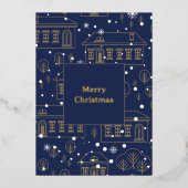 Blauw en goud kerstdorp folie kaart (Voorkant)