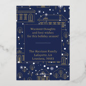 Blauw en goud kerstdorp folie kaart (Achterkant)