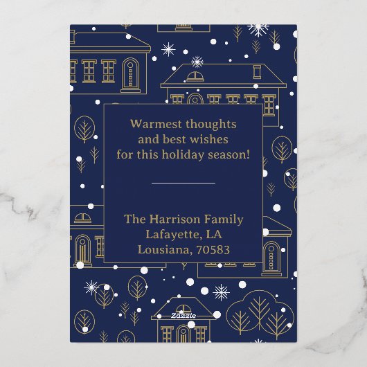 Blauw en goud kerstdorp folie kaart (Achterkant)