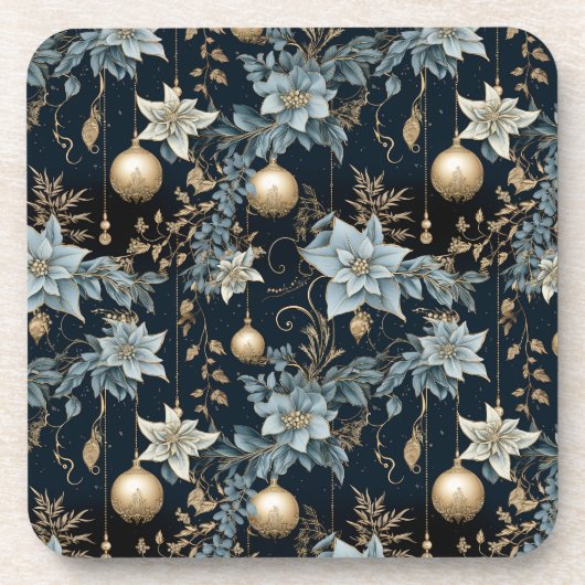 Blauw en Goud Kerstversiering Poinsettias Bier Onderzetter (Voorkant)