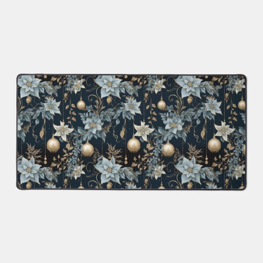 Blauw en Goud Kerstversiering Poinsettias Bureaumat (Voorkant)