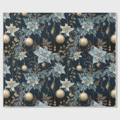 Blauw en Goud Kerstversiering Poinsettias Cadeaupapier (Vlak)