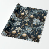 Blauw en Goud Kerstversiering Poinsettias Cadeaupapier (Uitgerold)