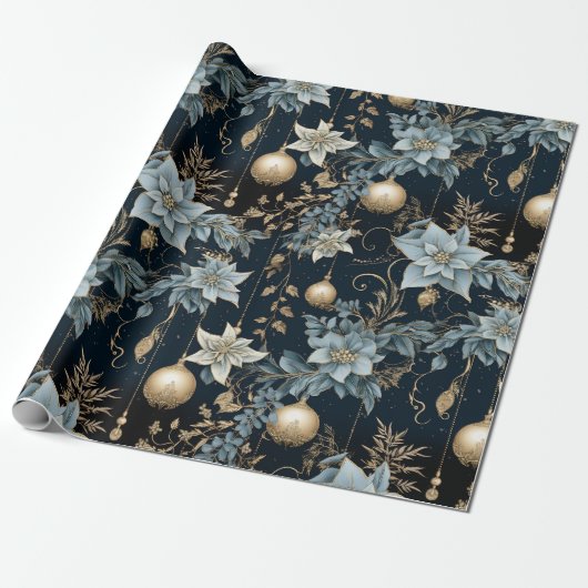 Blauw en Goud Kerstversiering Poinsettias Cadeaupapier (Uitgerold)
