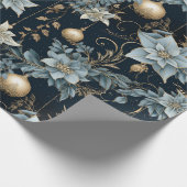Blauw en Goud Kerstversiering Poinsettias Cadeaupapier (Hoek)