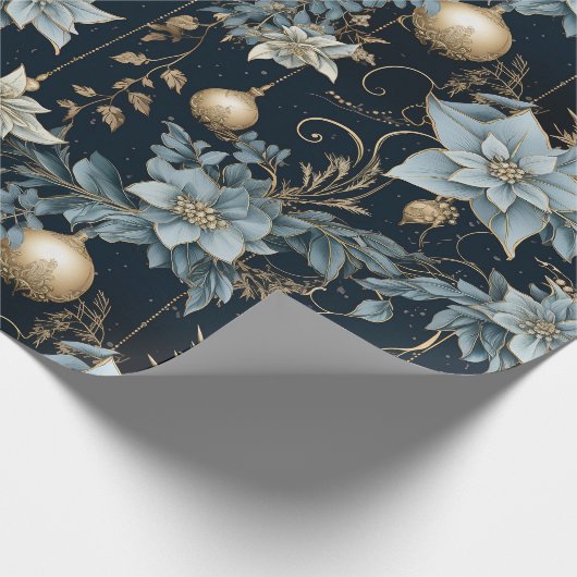 Blauw en Goud Kerstversiering Poinsettias Cadeaupapier (Hoek)