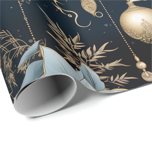 Blauw en Goud Kerstversiering Poinsettias Cadeaupapier (Rol Hoek)