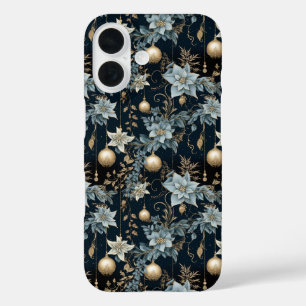 Blauw en Goud Kerstversiering Poinsettias iPhone 16 Hoesje