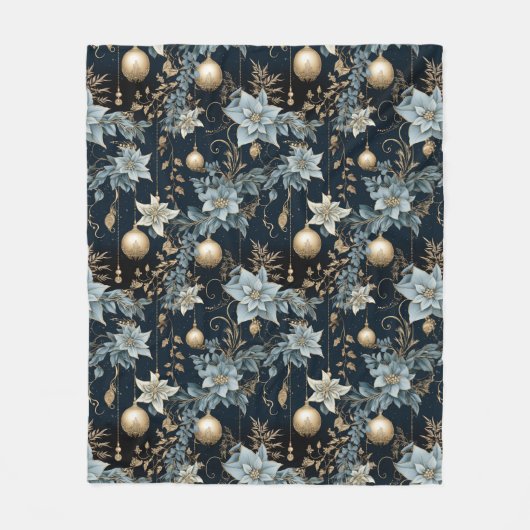 Blauw en Goud Kerstversiering Poinsettias Fleece Deken (Voorkant)