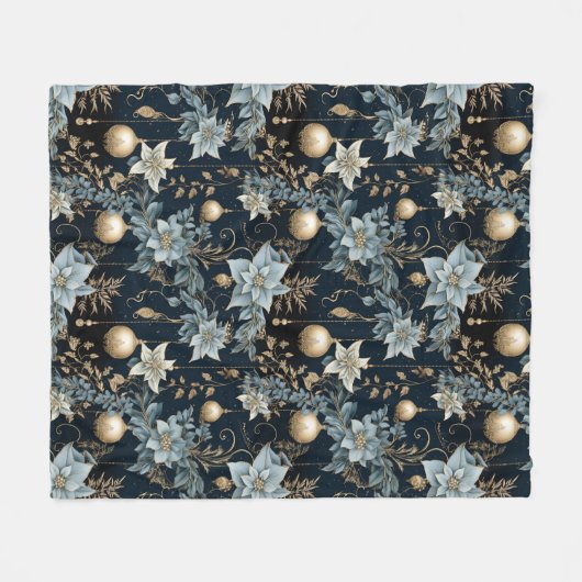 Blauw en Goud Kerstversiering Poinsettias Fleece Deken (Voorkant (Horizontaal))