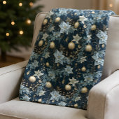Blauw en Goud Kerstversiering Poinsettias Fleece Deken