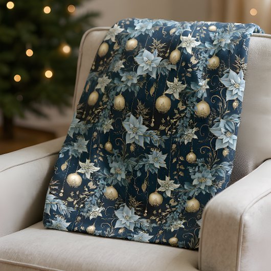 Blauw en Goud Kerstversiering Poinsettias Fleece Deken