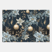 Blauw en Goud Kerstversiering Poinsettias Inpakpapier Vel (Voorkant)