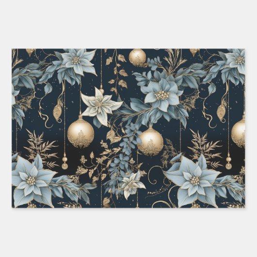 Blauw en Goud Kerstversiering Poinsettias Inpakpapier Vel (Voorkant)