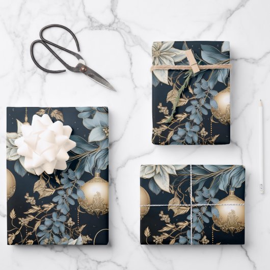 Blauw en Goud Kerstversiering Poinsettias Inpakpapier Vel (Voorkant)