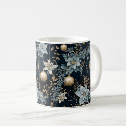 Blauw en Goud Kerstversiering Poinsettias Koffiemok (Voorkant rechts)