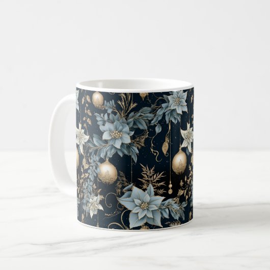 Blauw en Goud Kerstversiering Poinsettias Koffiemok (Voorkant links)