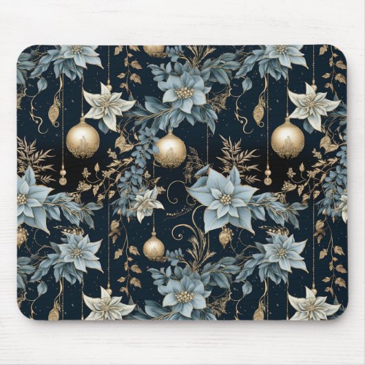 Blauw en Goud Kerstversiering Poinsettias Muismat (Voorkant)