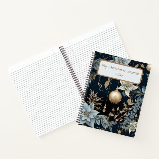 Blauw en Goud Kerstversiering Poinsettias Notitieboek (Binnen)