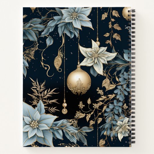 Blauw en Goud Kerstversiering Poinsettias Notitieboek (Achterkant)