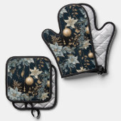 Blauw en Goud Kerstversiering Poinsettias Ovenwant & Pannenlap Set (Voorkant / Achterkant)