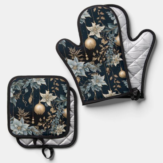 Blauw en Goud Kerstversiering Poinsettias Ovenwant & Pannenlap Set (Voorkant / Achterkant)