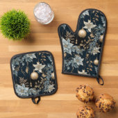 Blauw en Goud Kerstversiering Poinsettias Ovenwant & Pannenlap Set (Top down)
