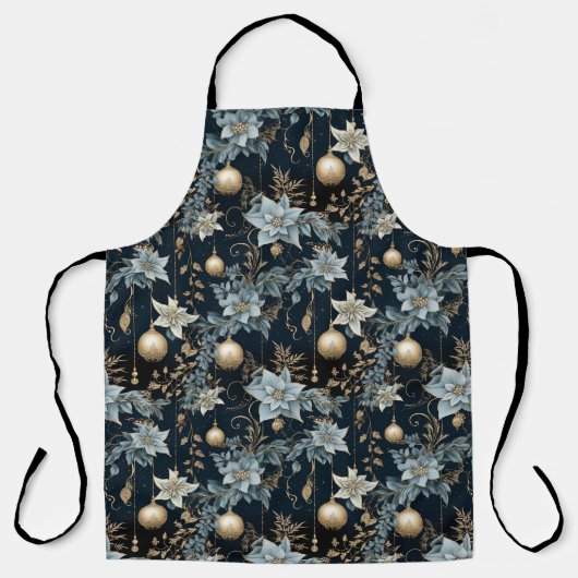 Blauw en Goud Kerstversiering Poinsettias Schort (Voorkant)