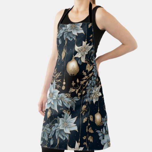 Blauw en Goud Kerstversiering Poinsettias Schort (Insitu)