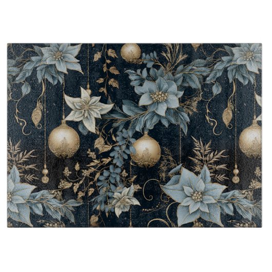 Blauw en Goud Kerstversiering Poinsettias Snijplank (Voorkant)