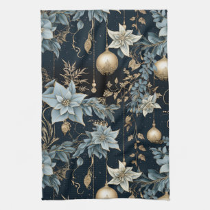 Blauw en Goud Kerstversiering Poinsettias Theedoek