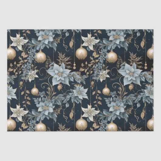 Blauw en Goud Kerstversiering Poinsettias Tissuepapier (Voorkant)